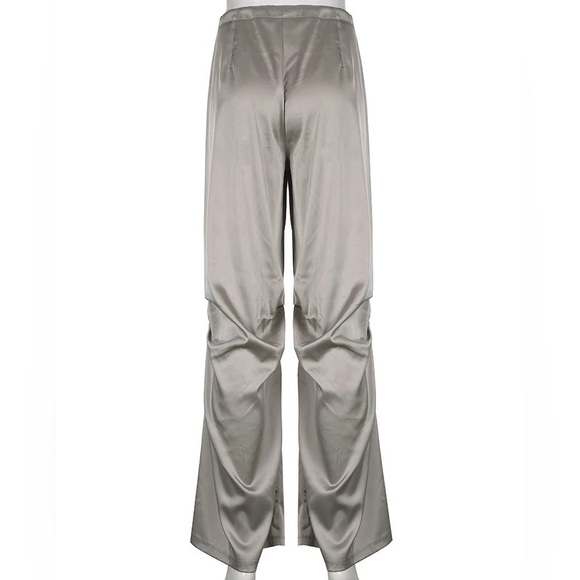 Heather Grey Silver Wide Satin Pant With Adjustable Cinch Ties - Picture 11 of 12